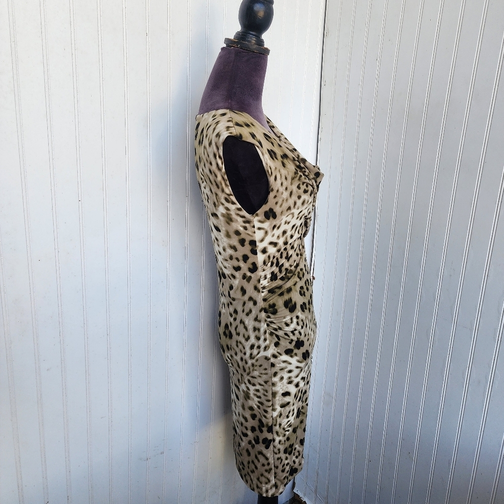 Vince Camuto Leopard Print Sleeveless Ruched Dress Stretch Tan Brown Sz S - Picture 5 of 14